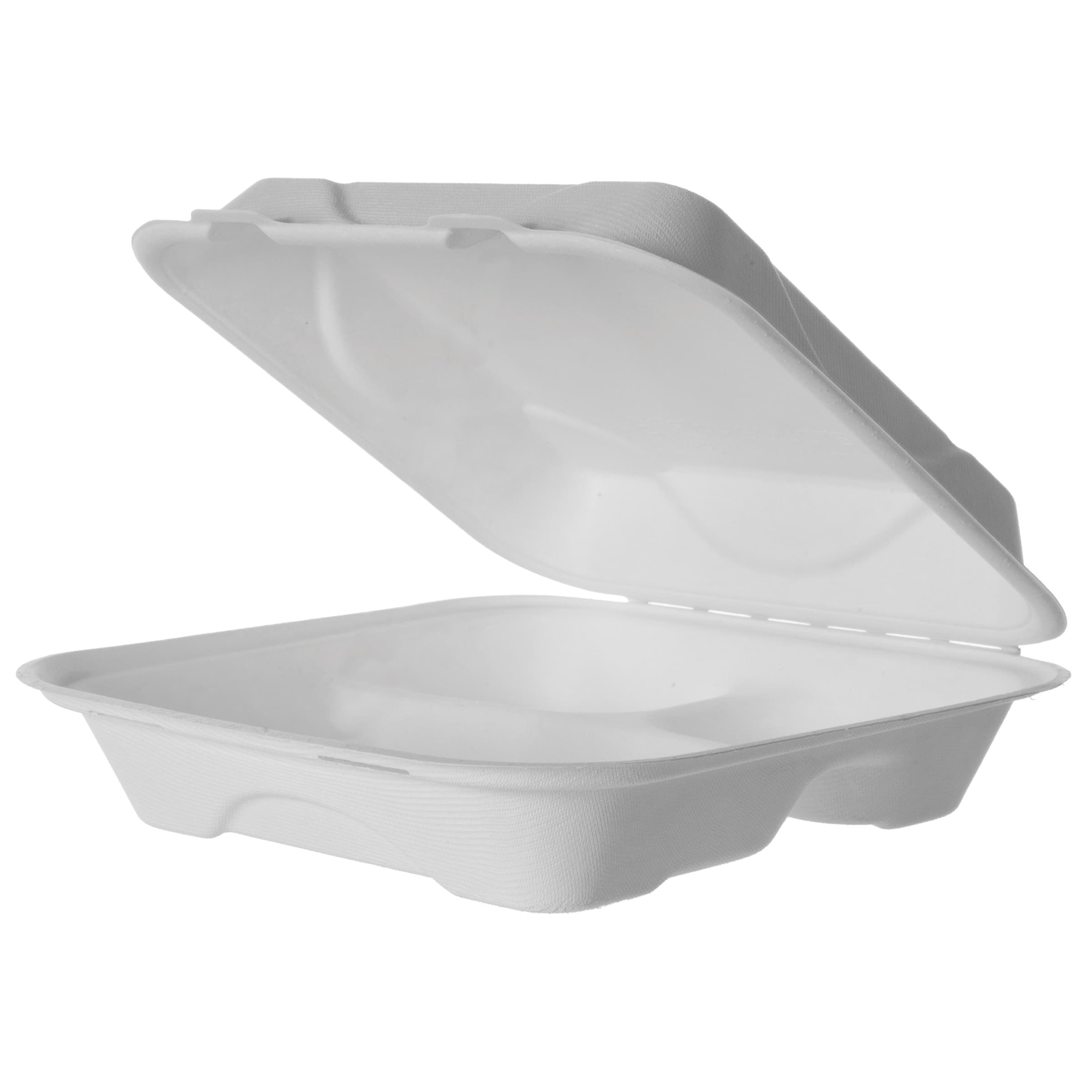 Take-Out Container Hinged 9X9X3 IN 3 Compartment Sugarcane White Square 200/Case