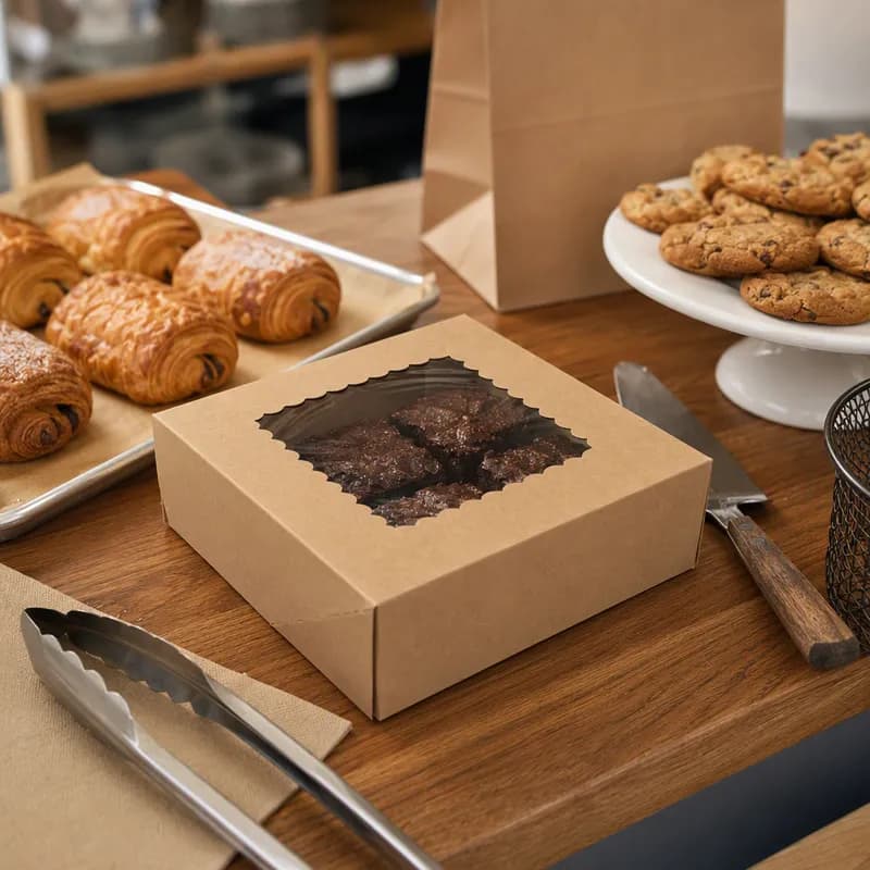 Bakery Box 8X8X2.5 IN Paperboard Kraft 4 Corner 1-Piece Automatic With Window 250/Case