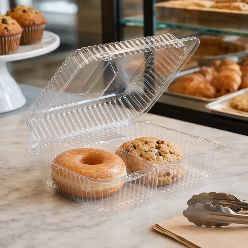 Essentials SureLock Cookie Donut Hinged Container With Dome Lid 8.875X7.1875X3.0625 IN 2 Compartment RPET Clear Rectangle 250/Case