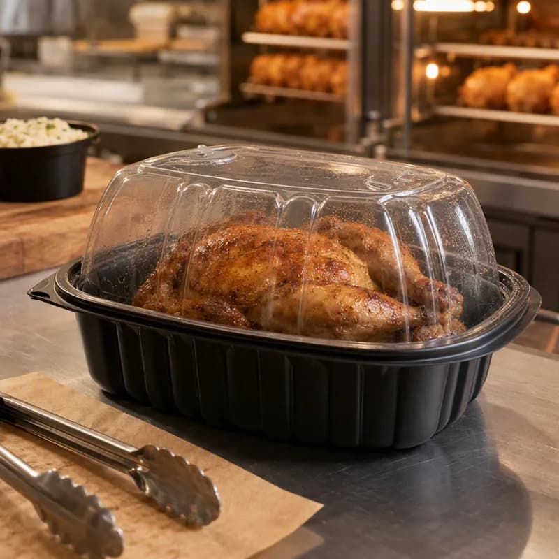 Roasted Chicken Roaster Container & Lid Combo With Dome Lid XL PP Black Clear Unhinged Anti-Fog Leak Resistant 150/Case