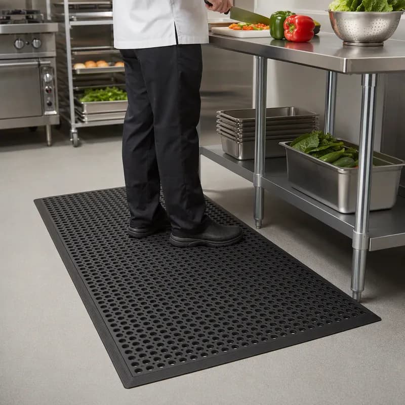 Anti-Fatigue Floor Mat 36X60X0.5 IN Black Rubber With Beveled Edging Free Flow Comfort Kitchen 1/Each
