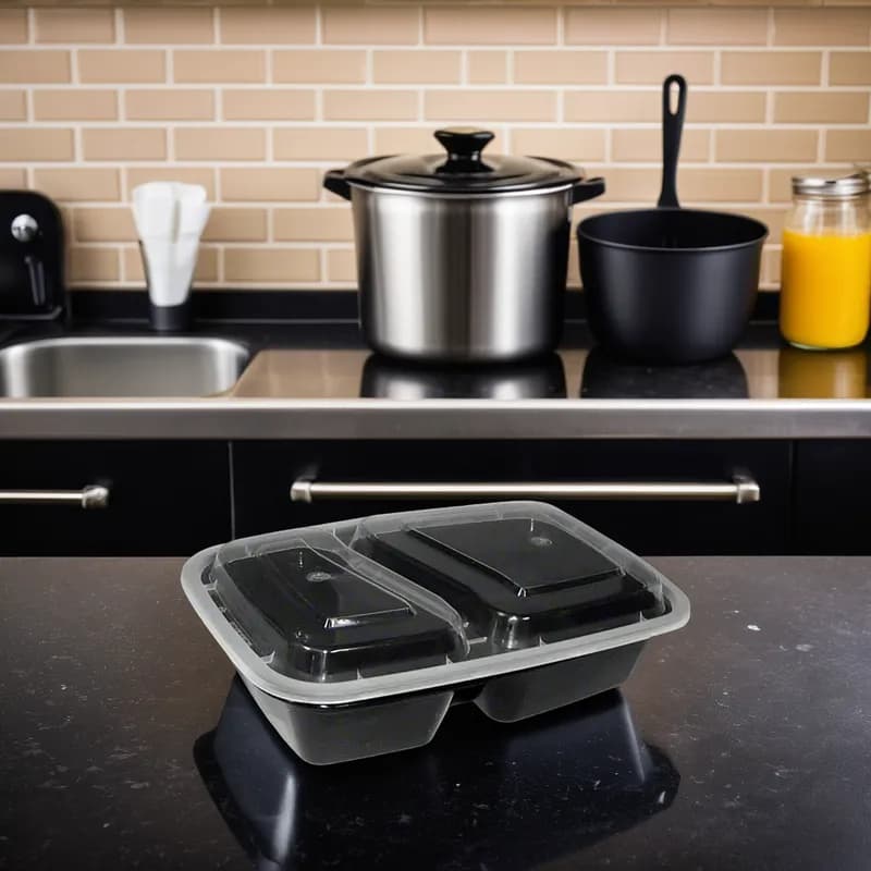 Take-Out Container Base 8X6 IN 2 Compartment Plastic Black Rectangle 150/Case