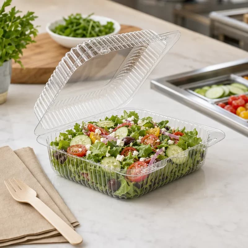 Essentials Take-Out Container Hinged With Dome Lid 8.25X7.6875X2.9375 IN RPET Clear Square 250/Case