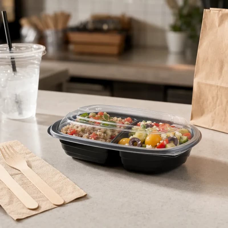 MicroRaves® Take-Out Container Base & Lid Combo With Dome Lid 8-12 OZ PP Black Clear Anti-Fog 126/Case
