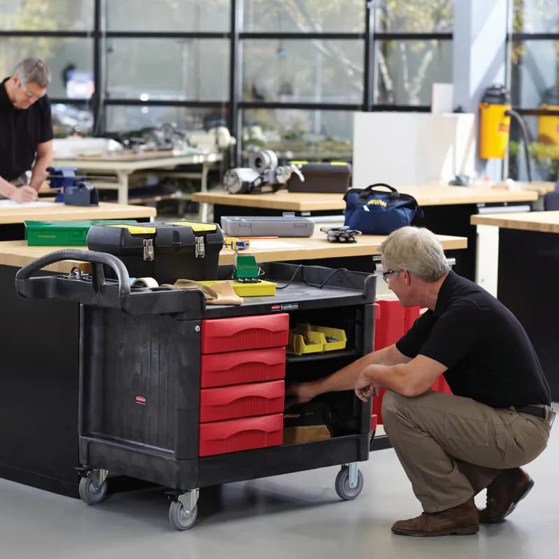 TradeMaster® Storage & Organization Cart 49X26.25X38 IN 750LB Black Red Resin 4 Drawers & Cabinet 5 IN TPR Caster 1/Each