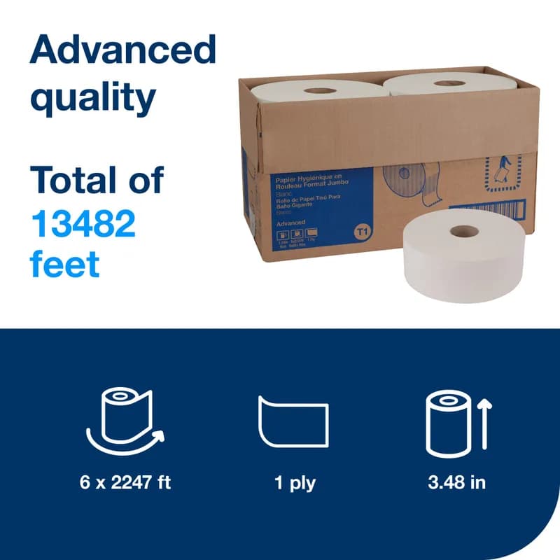 Tork Toilet Paper & Tissue Roll T1 7.875X3.48 IN 2247 FT 1PLY White Jumbo (JRT) Refill 2.34IN Core Diameter 6/Case