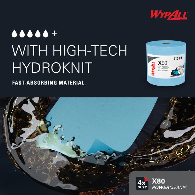 WypAll® X80 Wiper 12.4X12.2 IN Heavy Duty HydroKnit Blue Jumbo Roll 455 Count/Roll