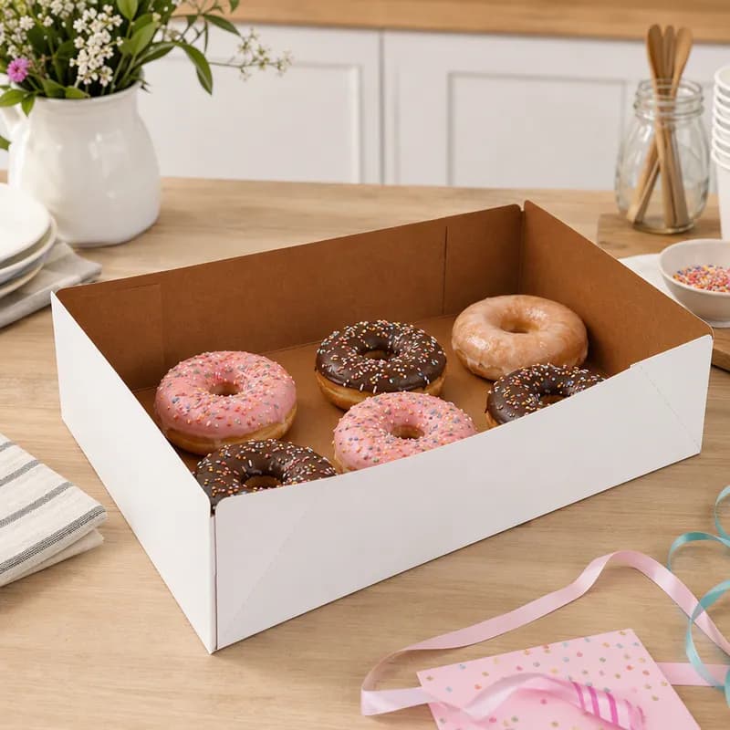 Donut Box 13.5X9.5X3 IN Clay-Coated Kraft Board White Kraft Rectangle Automatic 250/Case
